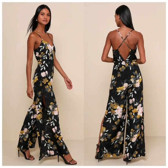 Lulus Beautiful Blooms Black Floral Print Split Wide Leg Jumpsuit Sz Small Boho - Picture 2 of 15